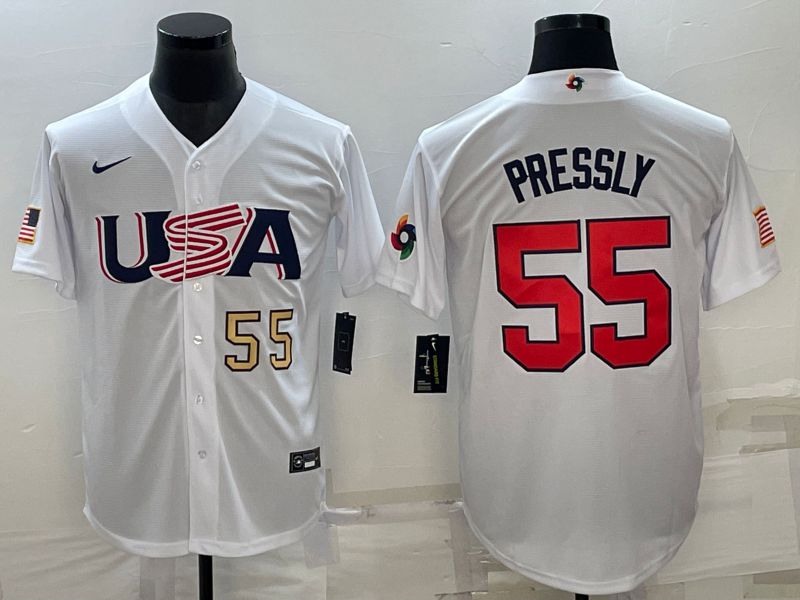 Men 2023 World Cub USA #55 Pressly White Nike MLB Jersey3->more jerseys->MLB Jersey